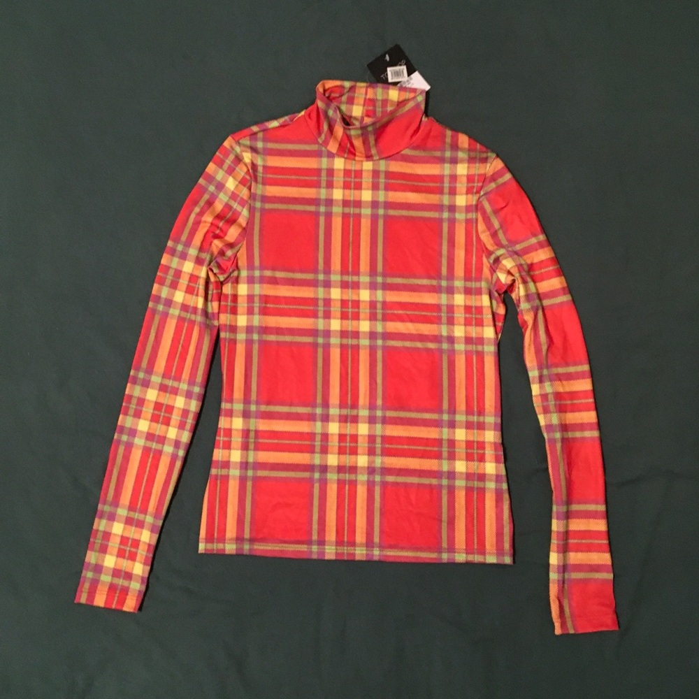 NWT Topshop orange plaid turtleneck stretchy top. Size US 6.